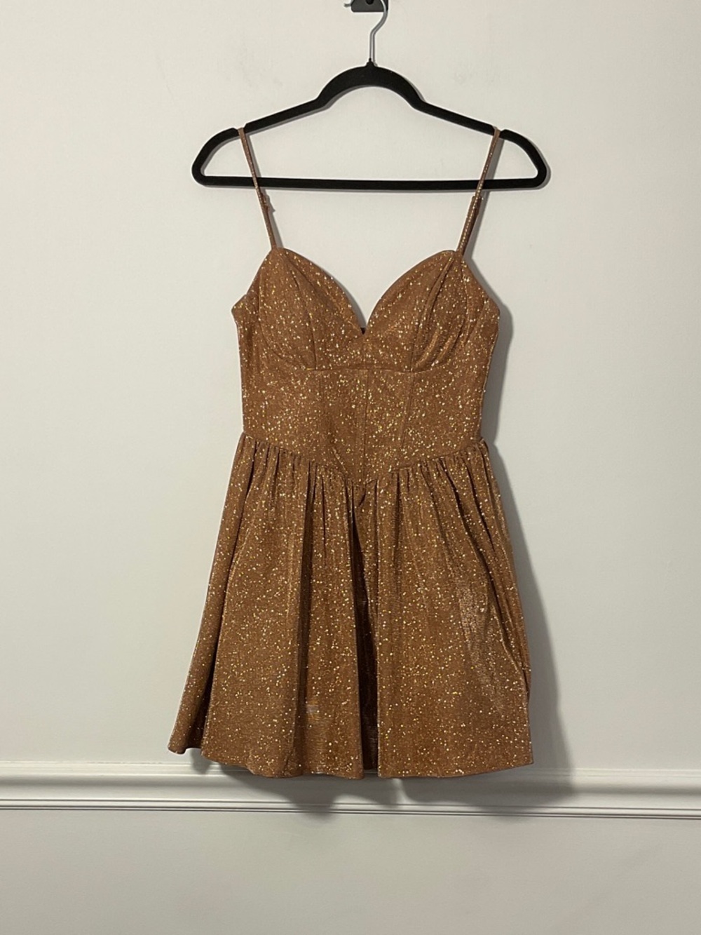 City Studio Glittery Brown Gold Spaghetti-Strap Mini Dress